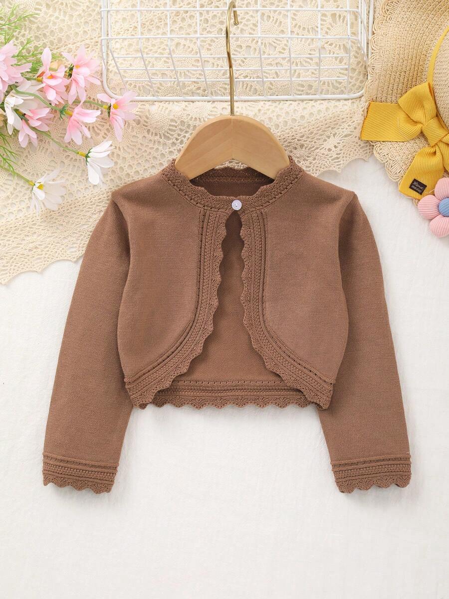 Baby Girl Solid Color Fashion Elegant Hollow Lace Knit Cardigan Shawl, Suitable For All Seasons, Spring, Autumn, Winter, Daily Wear, Outings, Travel, Vacation - Brown - View 1