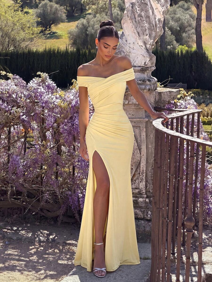 ADYCE Cold Shoulder Elegant Pleated Cinched Waist Front Slit Thigh-High Formal Homecoming Ball Gown - Light Yellow - View 1