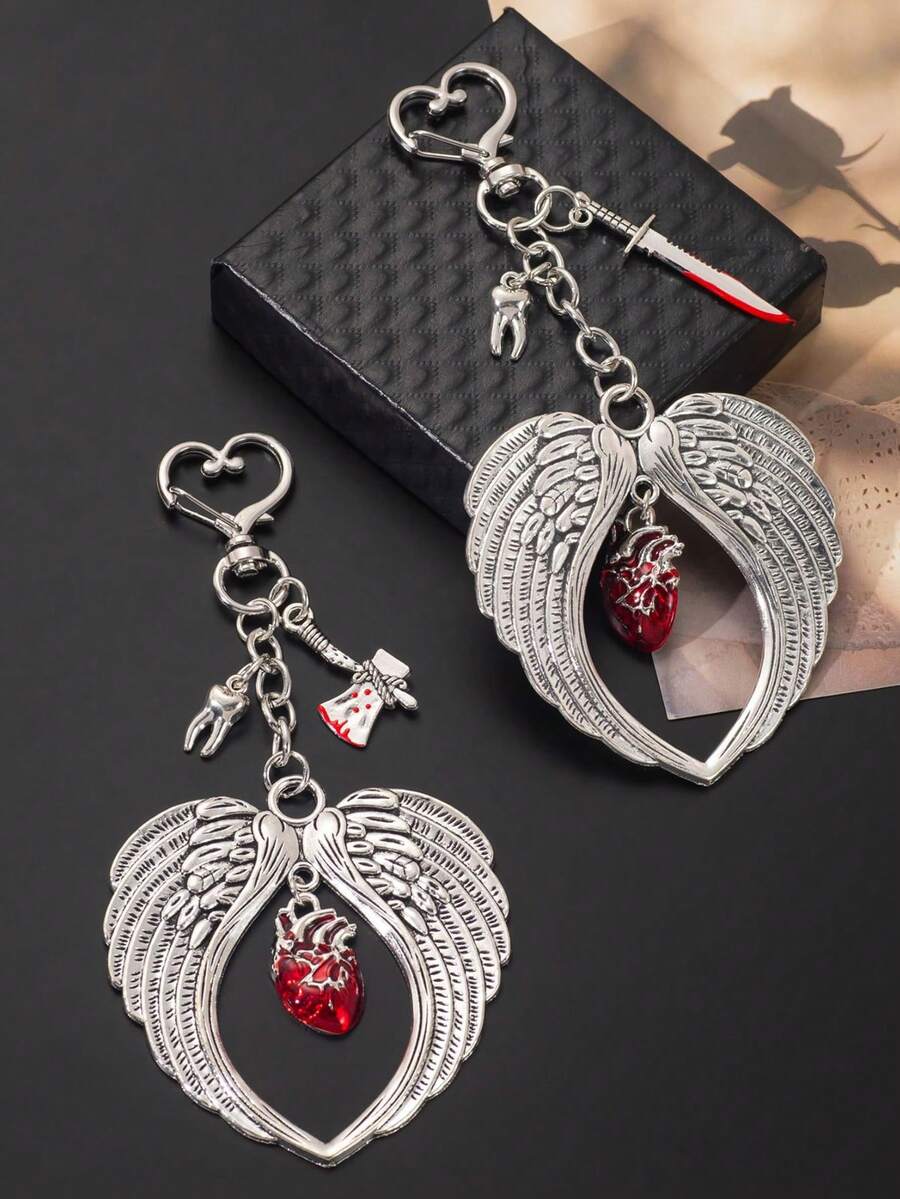 1 móc khóa túi treo charm thiên thần mặt dây chuyền hình trái tim có cánh phong cách Halloween tối màu - Nhiều màu - Xem 1