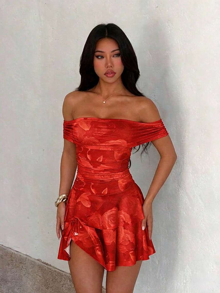 Women's Off-Shoulder Bright Floral Print Pleated Spring/Summer Dress