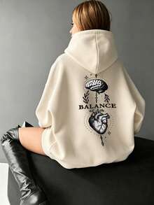 Women's Drawstring Pocket Sweatshirt, Leopard Print Bird & Letter Graphic Print On Chest, Soft Fabric, Loose Fit Casual Sweatshirt For Autumn/Winter - Apricot - View 6