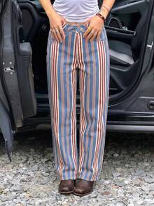 Multi-Color Vertical Striped Straight Leg Jeans, Street Casual Women's Versatile Fashion - Multicolor - View 1