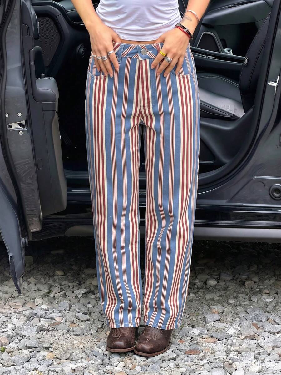 Multi-Color Vertical Striped Straight Leg Jeans, Street Casual Women's Versatile Fashion - Multicolor - View 1