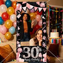 AFYPRTY 1pc Black & Pink Diamond Birthday Photo Booth Backdrop Frame Wall, Polyester Fabric, Birthday Party Selfie Photo Prop Decoration, Suitable For 18, 21, 30, 40, 50, 60, 70, 80, 90th Birthday Party Decor - Rose Gold - View 6