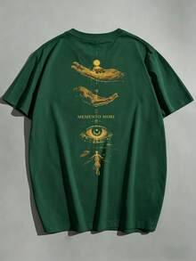 Men's Black Loose Fit Short Sleeve T-Shirt With Gold MEMENTO MORI All-Seeing Eye Print On Back, Mysterious Casual Top - Green - View 4