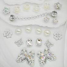 26pcs Moonlight White Iridescent Silver Rhinestone Hollow Shoes Charms, Pearl Flower Butterfly Chain DIY Shoe Buckle Accessories Set - Silver - View 4