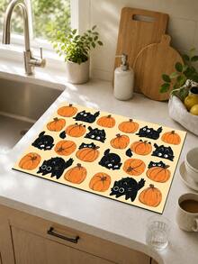 1pc Cat & Pumpkin Pattern Diatom Mud Kitchen Dish Drying Mat, Halloween, Can Be Used As Halloween Gift, Halloween Decoration, Absorbent Dish Drying Mat, Coffee Machine Mat, Dishwashing Mat, Sink Mat, Kitchen Countertop Protector, Suitable For Cups, Plates, Tableware And Kitchen Decor - Multicolor - View 2