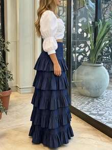 Women's Elegant Fashion Multi-Layer Ruffle Cake A-Line Long Skirt - Blue - View 3