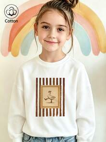 Cotton Round-Neck Pullover For Girls, Autumn/Winter Style; Loose Fit, Retro Duck Print, Cute And Sweet Preppy Style - White - View 2