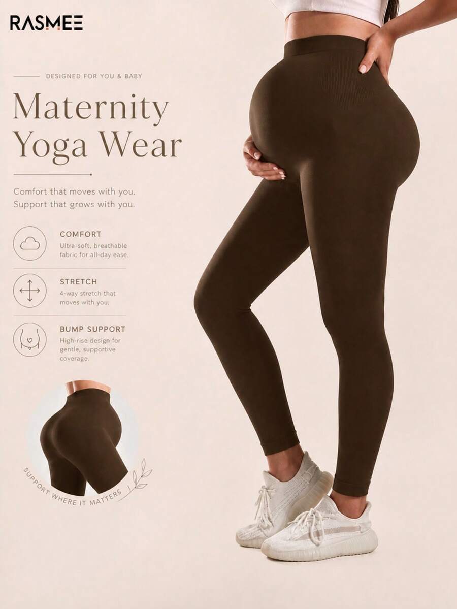 Maternity Seamless Solid Color High Waist Ribbed Waist Yoga Pants Leggings, Basic Slim Fit Sports Long Pants - Brown - View 1