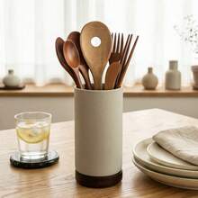 One-Piece Molded Minimalist Clay Ceramic Tableware Storage Canister With Wooden Base, Storage Jar, Kitchen And Living Room Vase Decor, Suitable For Home, Restaurant, Decorative Storage Box, Christmas Gift - View 7