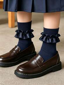 6/1 Pair Girls Ribbon Lace Ruffle Mid-Calf Socks, Soft Comfortable Princess Style, Suitable For School Uniform Daily Wear, Navy Blue White Black, Autumn/Winter - Multicolor - View 3