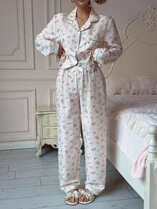 Dreamivo 2pcs/Set Women's Comfortable Ditsy Floral Lapel Long Sleeve Top And Bowknot Long Pants Pajama Set - White - View 4
