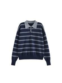 Sweater Wanita Lengan Panjang Kasual Harian Motif Garis dan Blok Warna - Navy Blue - View 5
