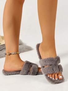 Ximi Ruo Women's Solid Color Flat Fuzzy Slippers, Casual Vacation Beach Home Indoor Outdoor Wear, Autumn Winter Warm Plush Lining, Simple Fashion Slouchy Slip-On Shoes, Soft Lightweight Versatile Daily Commute Indoor Outdoor Street Wear, Comfortable Flat Casual Travel Outfit Shoes, Fleece Lined Dual-Use Slippers - Grey - View 4