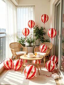 6pcs Carnival Circus Decorative Balloons, 4D Red Round Foil Balloons With Stars And Stripes, With Ribbons, Suitable For Christmas Party Decoration, Birthday Party, Wedding, New Year, Event Atmosphere Decor, Photo Props - 22-inch Red Star Striped 4D Ball 6-piece Set - View 4