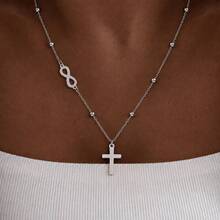 1pc Simple Cross Infinite Symbol Pendant Golden Silvery Stainless Steel Chain Necklaces For Women - Style 1 - View 6