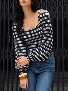 Atasan Rajut Bergaris Wanita Musim Gugur, Blus Lengan Panjang Kerah Persegi Model Mengembang Pas Badan - Hitam dan Putih - View 7