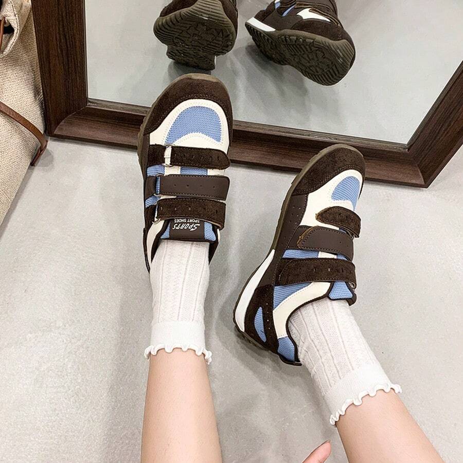 Women's Retro Color‑Block Hook And Loop Strap Sneakers, Casual Training Shoes For Daily Hangouts, Campus Looks And Weekend Strolls - Brown - View 1
