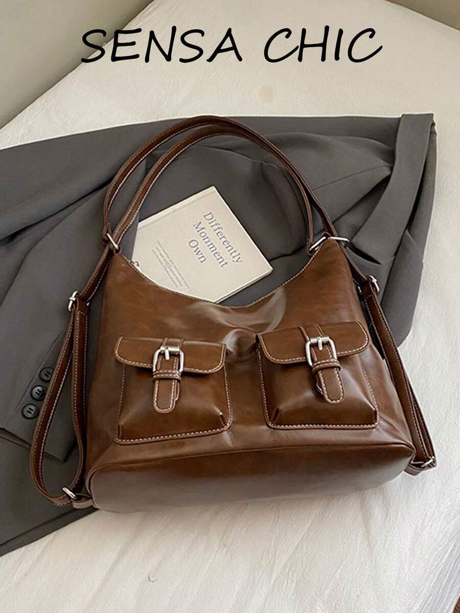 時尚簡約大容量女款通勤單肩包，PU布料製成，鏤空鉚釘拉鍊開合，雙肩帶設計，適合旅行、通勤，可作為學生旅行背包與休閒背包使用 - 棕色 - 查看 1