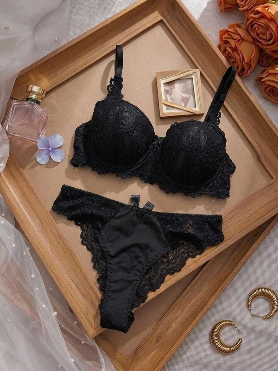 DAZY 1 Set Women's Black Sexy Lingerie Set, Elegant Lace Breathable Non-Sagging Bra Set, Comfortable Bra Set