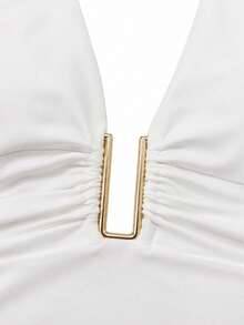 Women's Summer Vacation Solid Color Halter Neck Ruched Fitted Camisole Casual White - White - View 6