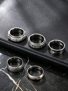 5pcs Fashion Stainless Steel Men's Silver Ring Set With Coin, Spider, Star, Moon Rotating Elements, Suitable For Men's Daily Wear And Halloween Accessories - Silver - View 4