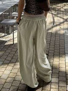 Women's Loose Casual Lace Patchwork Wide Leg Pants With Pockets (Includes Drawstring) - Khaki Green - View 5