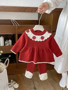 Girls' Spring/Autumn New Red Knitted 2 Pieces Set With Strawberry Embroidery And Ruffle Trim, Casual Outdoor Outfit - Red - View 1