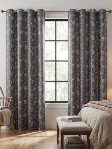 1panel Printed Blackout Curtain With Grommet Top Designthermal Insulated For Effective Room Darkening Floral Drape Window Decor Home Accent Room Ornament Thermal Insulation, Noise Reduction Function, Suitable For Living Room, Bedroom, Office And Home - Black and Gray - View 4