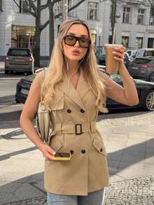 Jaket Trench Coat Double-Breasted Warna Polos Elegan dengan Sabuk untuk Kantor - Khaki - View 3