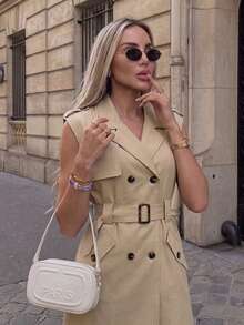 Jaket Trench Coat Double-Breasted Warna Polos Elegan dengan Sabuk untuk Kantor - Khaki - View 7