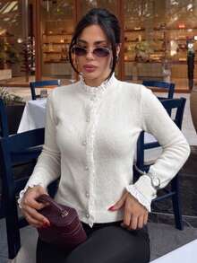 Women's Elegant White Ribbed Knit Short Cardigan With Ruffle Trim And Pearl Buttons, Long Sleeve Round Neck, Suitable For Autumn/Winter Wear Fall - White - View 2
