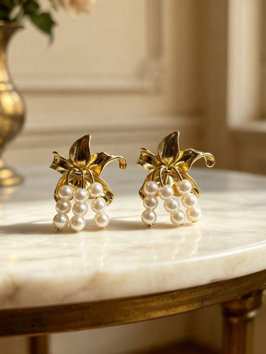 1 Pair Faux Pearl Flower Earrings, Fashionable & Unique - Gold - View 1