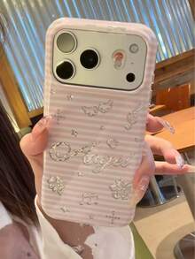 粉色條紋亮片手機殼，適用於 Apple 17 Pro Max、17 New 16 PM、15 P、16 Pro、15、17 Pro、18、18 Pro Max，少女風，高級感，極簡設計，防震耐摔，全包覆 - 粉色 - 查看 2