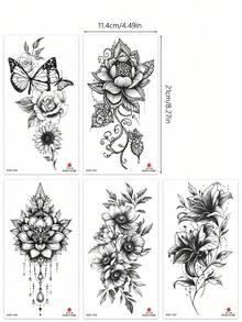 5pcs Black Floral Temporary Tattoo Stickers, Includes Lotus, Butterfly, Gemstone Pendant, Rose Combination Designs, Realistic Effect, Suitable For Women And Girls' Body Stickers And Body Decoration - Black - View 7