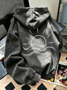 Comfy Washed Graphic Hoodie For Women, Oversized Pullover Sweatshirt With Drawstring, Long Sleeve Warm Lined Top For Casual Streetwear Black - Black - View 1