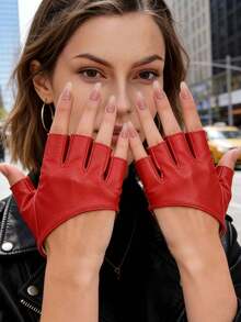 1 Pair Set Burnt Orange Brown Open Finger Slanted Cuff PU Gloves - Red - View 5
