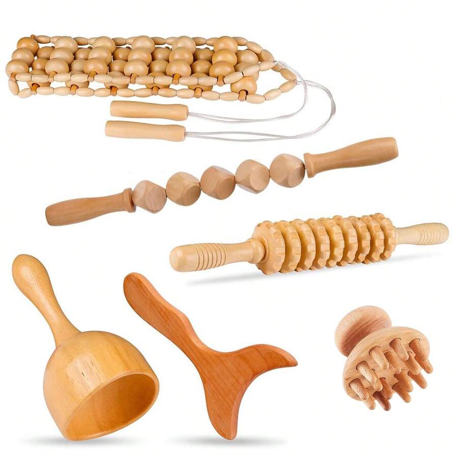 1/6pcs Wooden Massage Tool Set, Wooden Massager Set, Manual Massage Tools, Suitable For Legs, Waist, Shoulders, Arms, Back, Full Body Massage Tools, Wooden Massage Roller, Suitable For Home And Office - Apricot - View 1