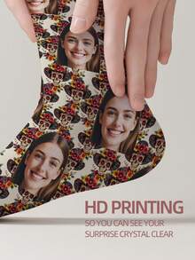 1 Pair Customizable Men's Mid-Calf Socks With Face Pattern, Personalized Photo Socks With Any Face Printed On Socks, Fun Custom Image Mid-Calf Socks, Suitable For Valentine's Day, Birthday, Gift-Giving, Day Of The Dead, Halloween And Other Occasions, Personalized Customization - Multicolor - View 4