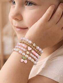 NAIZHU 5pcs/Set Gelang Manik-Manik Manis Warna Pink, Terbuat dari Tanah Liat Lembut, Liontin Hati, Ceri, dan Bintang, serta Mutiara Imitasi dan Karet Gelang. - MultiWarna - View 1