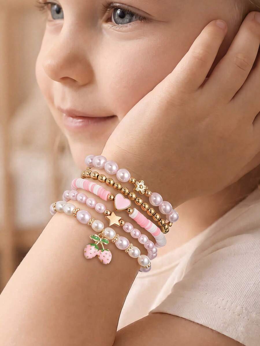 NAIZHU 5pcs/Set Gelang Manik-Manik Manis Warna Pink, Terbuat dari Tanah Liat Lembut, Liontin Hati, Ceri, dan Bintang, serta Mutiara Imitasi dan Karet Gelang. - MultiWarna - View 1