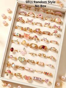 9/18Pcs/Lot Fashion Exquisite Sweet Heart-Shaped Pink Rhinestone Oil Drop Rings For Women Men Holiday Party Gifts Daily Wearing Jewelry Accessories - Pink Rhinestone Cat's Eye Gold Ring - View 8