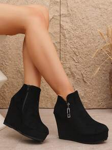 Women's Autumn/Winter New Suede Thick Sole Wedge High Heel Ankle Boots, Inner Zipper, Round Toe, Outer Rhinestone Buckle Decor - Black - View 3