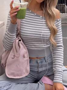 Live To Mo Women's Sexy Off Shoulder Cropped Striped Knit Sweater,Long‑Sleeve Button Design, Ideal For Fall Back‑To‑School & Casual Going‑Out Outfits - Gray and White Stripes - View 3
