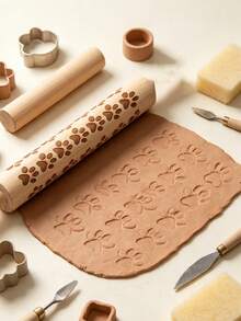 Natural Clay Roller And Pattern Stamp Set, Pottery Clay Tools, Roller And Texture Stamp Rod, Handmade Ceramic Art Embossing Rod - Multicolor - View 2