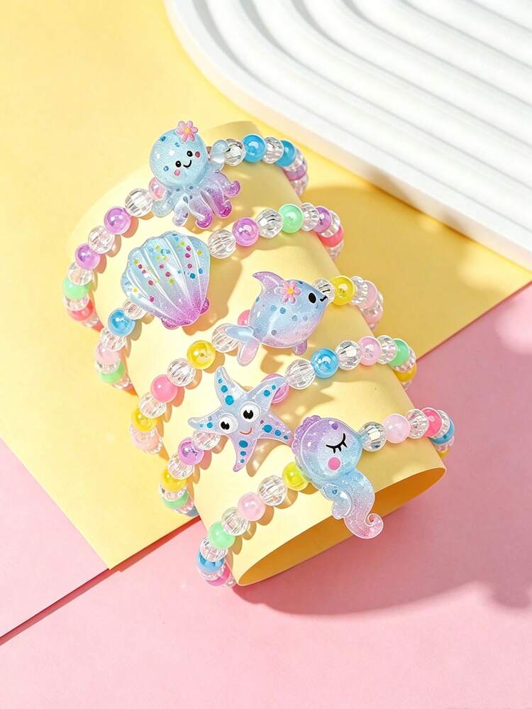 5pcs Kids Ocean Style Beaded Bracelet Set, Cute Seahorse Shell Octopus Starfish Fish Cartoon Pendant Bracelets, Colorful Mixed Beads Elastic Wristbands, Little Girls Party Gift Accessories - Multicolor - View 3