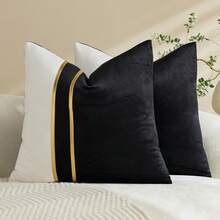 1/2pcs Black & White Velvet Patchwork Gold Leather Striped Throw Pillow Cover, Square Cushion Case, Holiday Home Decor Pillow, Soft & Comfortable Fabric, Modern Decorative Sofa, Home Bedroom, Dorm Use - Black - View 14
