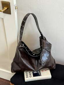 Dedoo Women's Tote Hobo Bag, Solid Color Soft PU Leather, Rivet Hole Wide Strap, Large Capacity, Cool Motorcycle Style, Autumn/Winter Daily Commute - Coffee - View 7