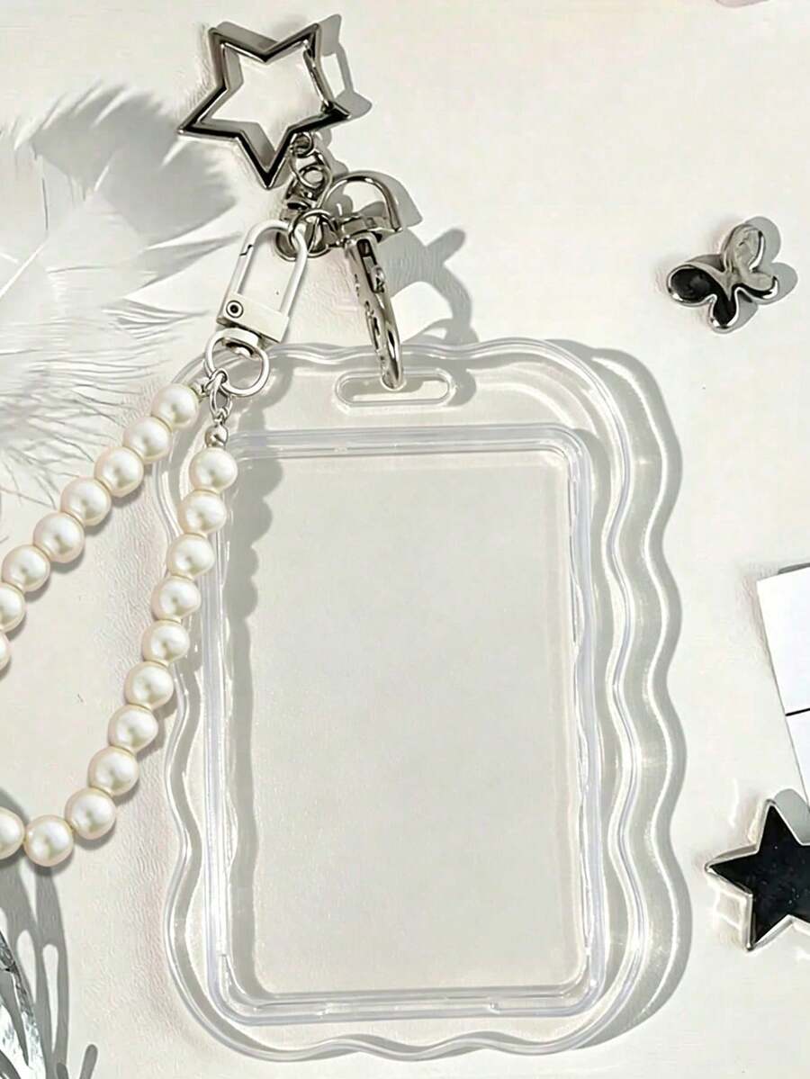 Transparent Wavy Edge Card Holder Keychain With Pearl Chain And Star Clasp, Durable And Fashionable, Designed For Women, Playful And Practical Plastic Structure, Campus Essential, Beautiful Design, Can Store ID Card, Bank Card, Bus Card And Keys, Campus Commute Essential Document Protector, Student Campus Commute Essential, Practical And Fashionable - Multicolor - View 1